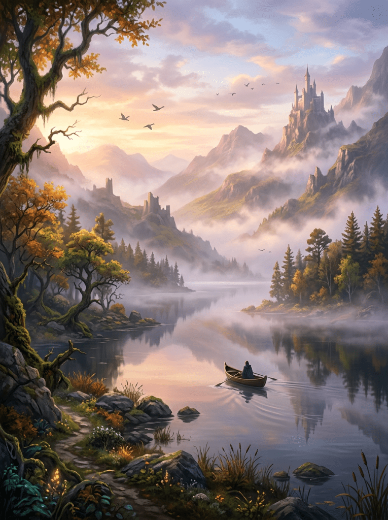Person rowing boat on calm lake with mountains, castles, trees, and mist