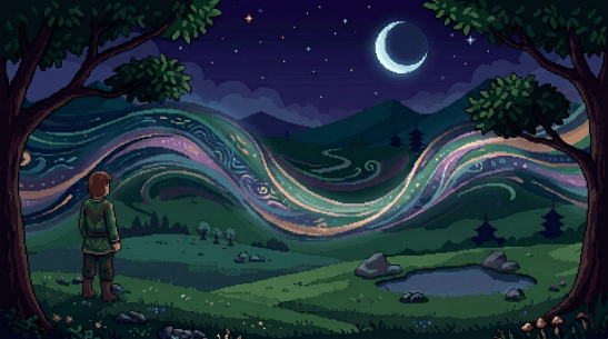 Pixel art scene of three people walking on a colorful magical wave at night
