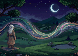Pixel art scene of three people walking on a colorful magical wave at night