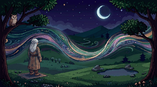 Pixel art scene of three people walking on a colorful magical wave at night