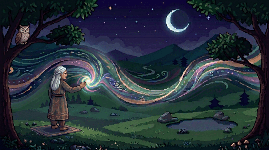 Pixel art scene of three people walking on a colorful magical wave at night