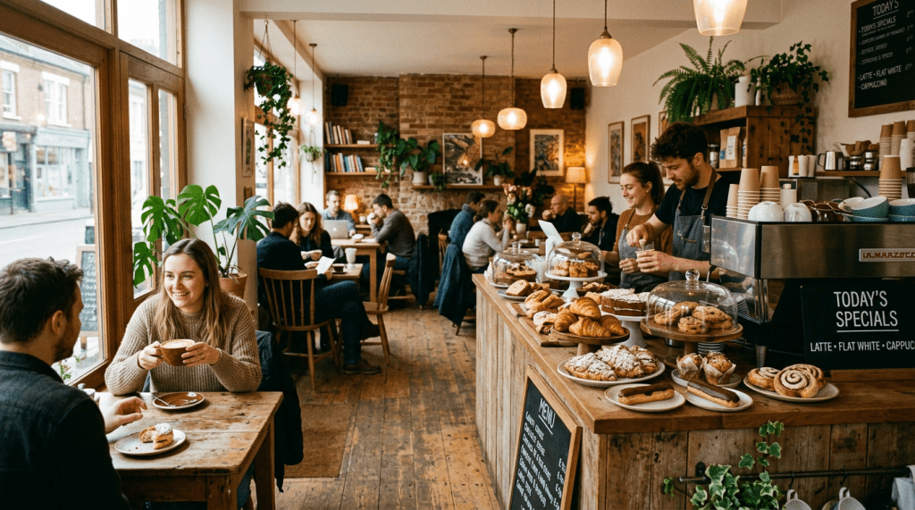 People drinking coffee and eating pastries inside a cozy café with wooden furniture and plants