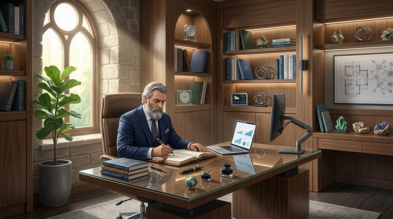 Wizard writing in a large book in a study with glowing crystals, potions, scrolls, and mystical artifacts