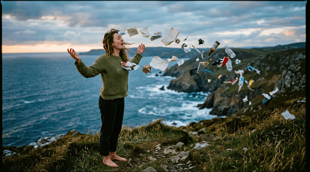 Woman throwing litter into the air on coastal cliffs