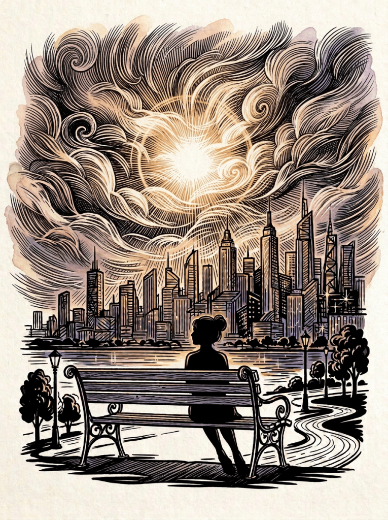 Silhouetted couple sitting on a bench facing a city skyline with a swirling colorful sky.