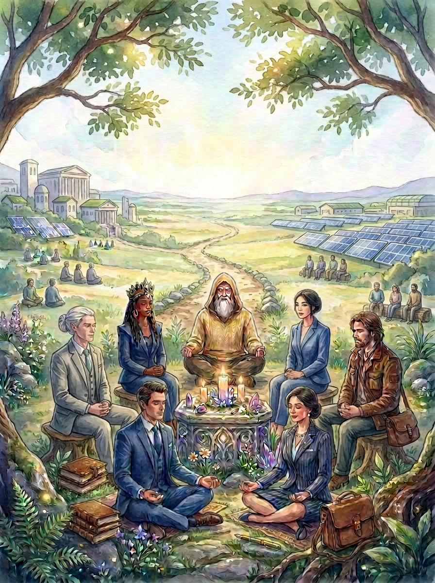 Enchanted forest meditation ritual Five diverse figures meditating in a circle around candles beneath a large glowing tree in an enchanted forest