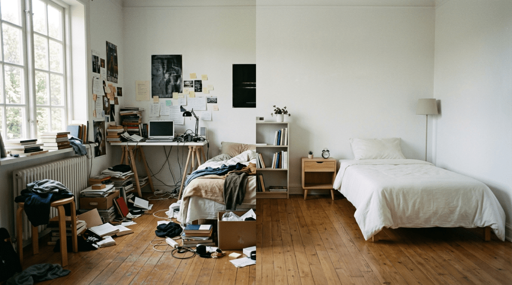 Bedroom divided into a cluttered side with books, clothes, and papers scattered, and a tidy side with a made bed and minimal furniture
