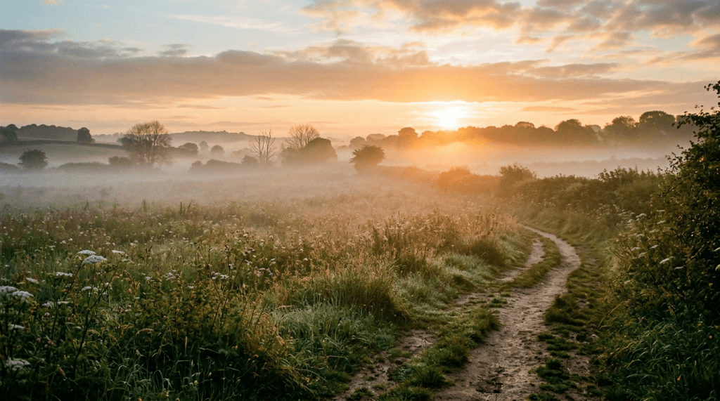 A dirt path running through a meadow with wildflowers and mist, with the sun rising behind distant trees