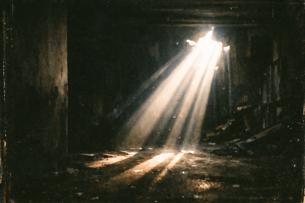 Bright beams of sunlight shining through a hole in a dark, abandoned room with a dusty floor