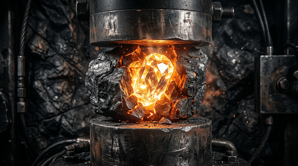 A glowing diamond surrounded by molten charcoal under an industrial press