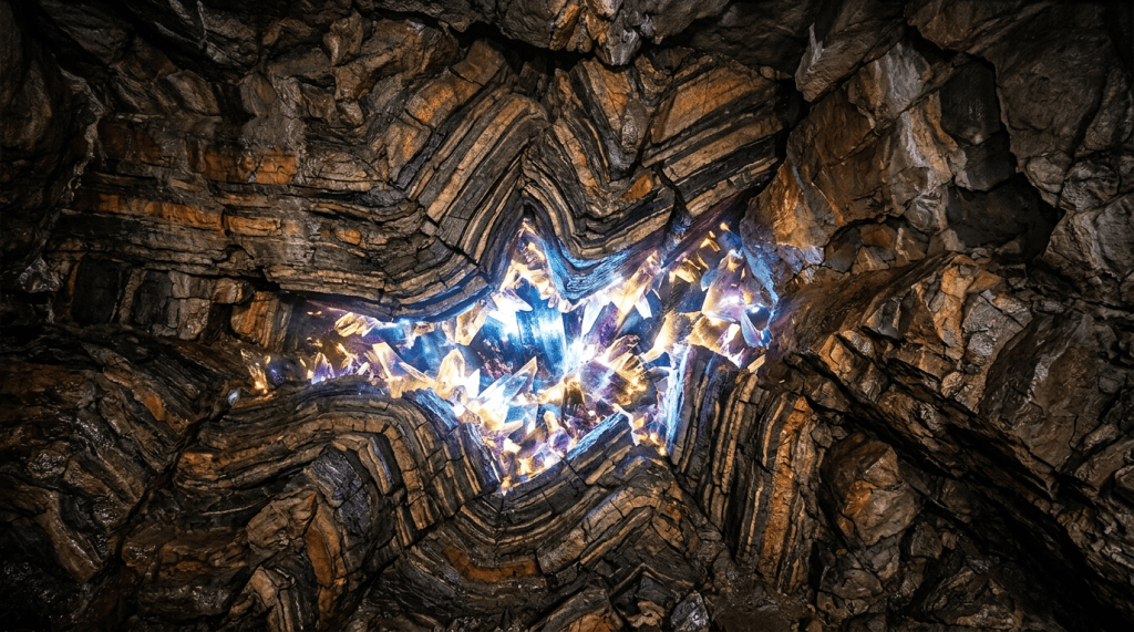 Star-shaped cave opening filled with glowing blue and orange crystals
