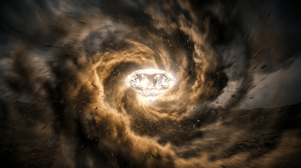 Glowing diamond steady within swirling dust storm