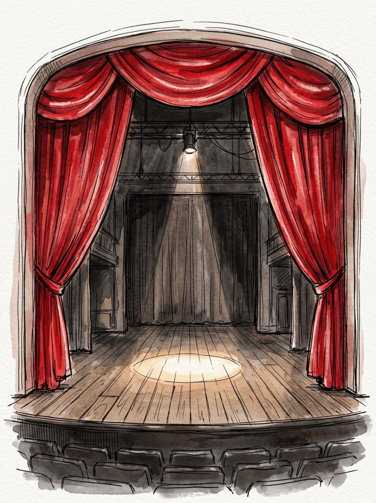 Empty theater stage spotlight red curtains watercolor brushstrokes