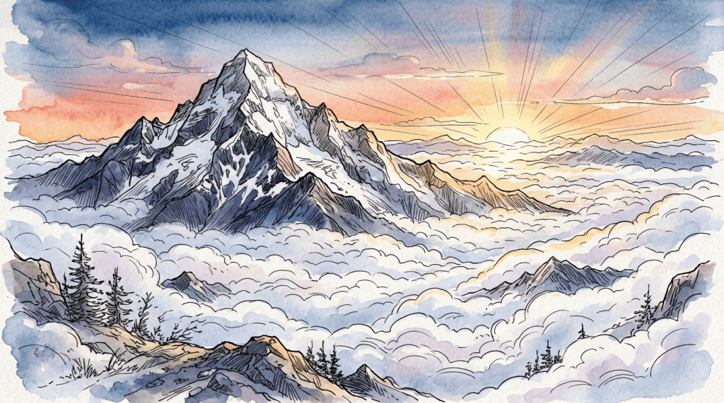 Snow-capped mountain peak emerging above thick clouds with sunrise hues