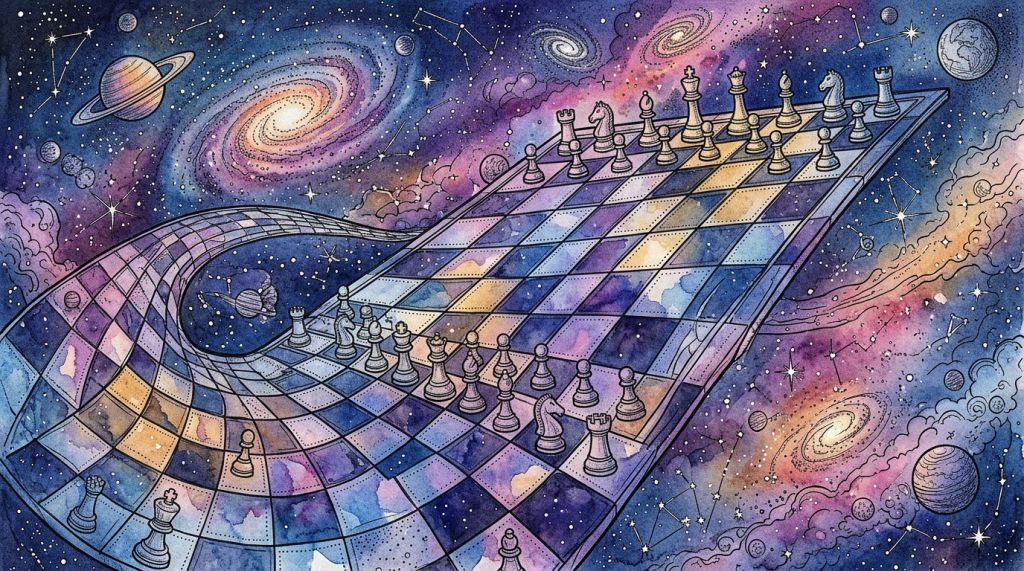 Watercolor canvas colors over floating space chessboard