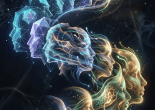 Sequence of human faces transitioning from wireframe geometric models to glowing, fluid, ethereal forms