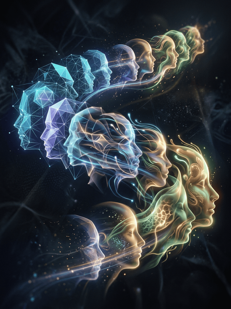 Sequence of human faces transitioning from wireframe geometric models to glowing, fluid, ethereal forms