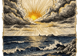 Storm clouds part over waves and a rocky coastline at sunset