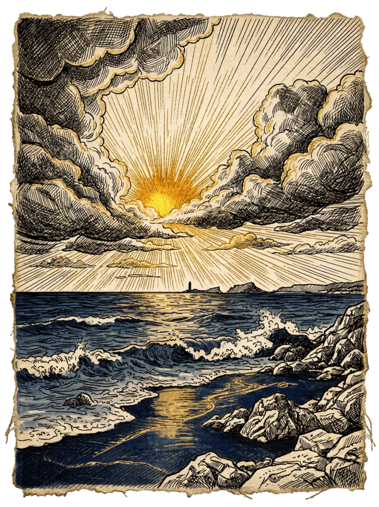 Storm clouds part over waves and a rocky coastline at sunset