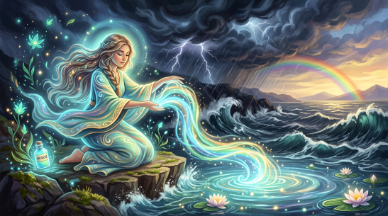 Water spirit labeled by an ANTIDOTE bottle conjures glowing currents beside a stormy sea
