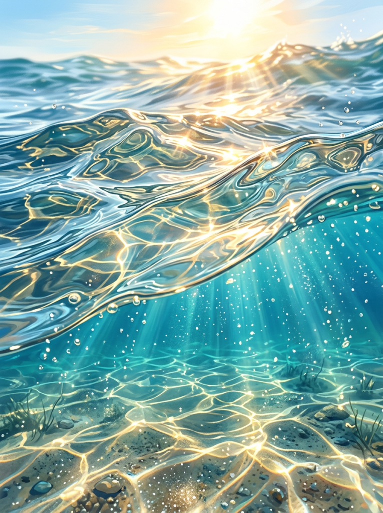 Sunlight filtering through turquoise waves onto a rocky shallow seabed