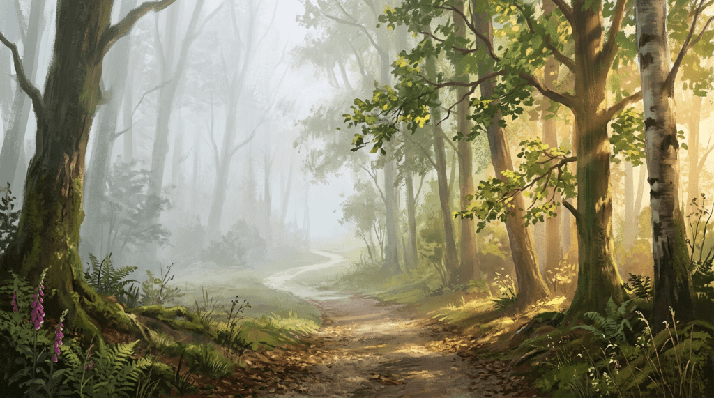 Winding forest path through sunlit trees and mist