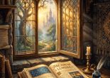 Open spellbook titled “Arcanum Luminarium” beside a candle and quill