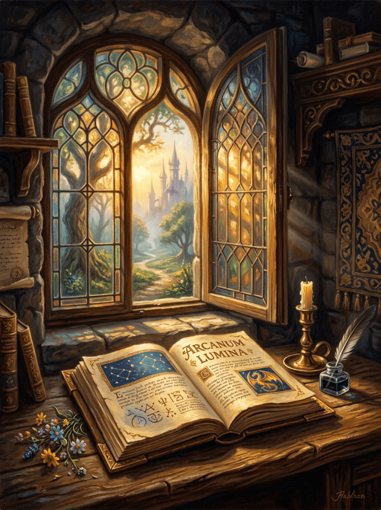 Open spellbook titled “Arcanum Luminarium” beside a candle and quill