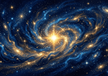 Bright golden star surrounded by swirling blue galaxies and stars