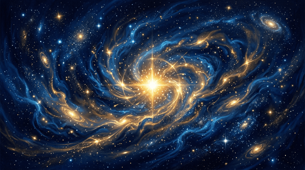 Bright golden star surrounded by swirling blue galaxies and stars