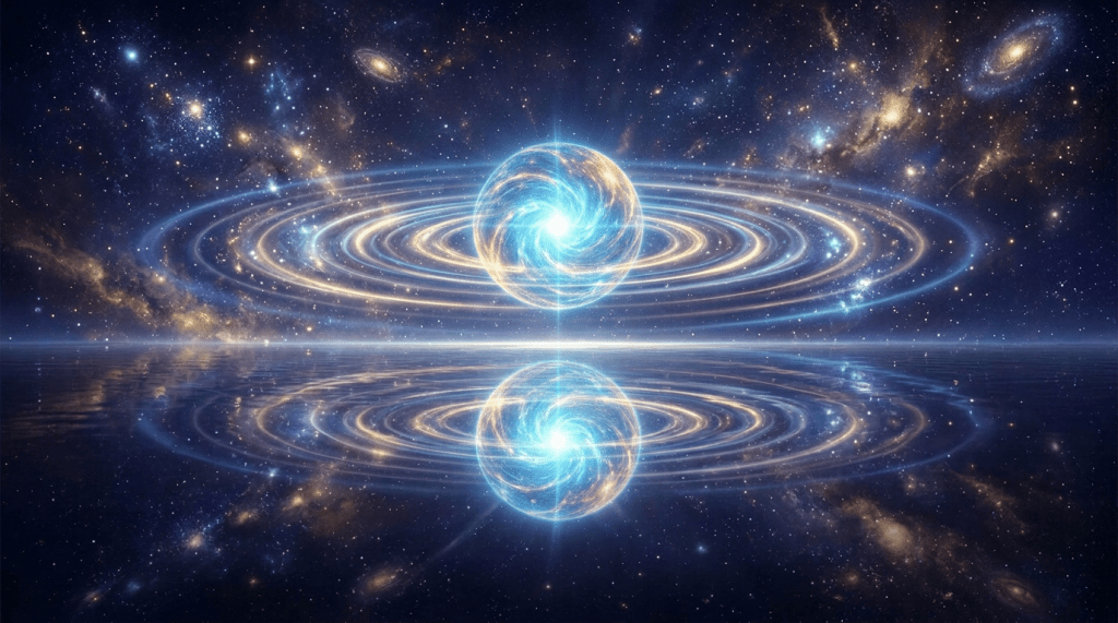 Glowing blue cosmic sphere with swirling rings reflected in dark water