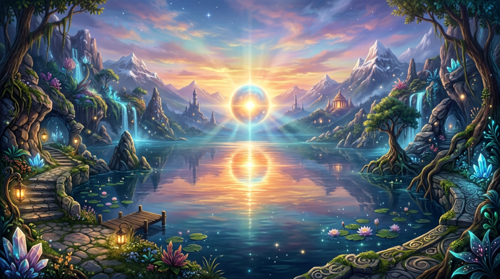 Enchanted lake with glowing orb, waterfalls, mountains, and castles