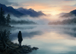 Lone figure standing beside a misty mountain lake at sunset