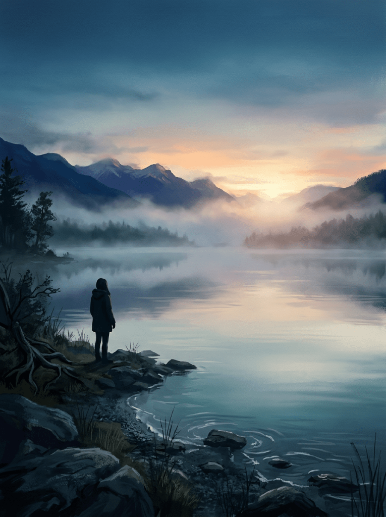 Lone figure standing beside a misty mountain lake at sunset