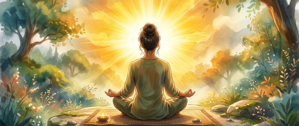 Person meditating on a mat in a forest at sunrise