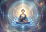 Meditating figure seated on a glowing lotus amid cosmic rings and stars