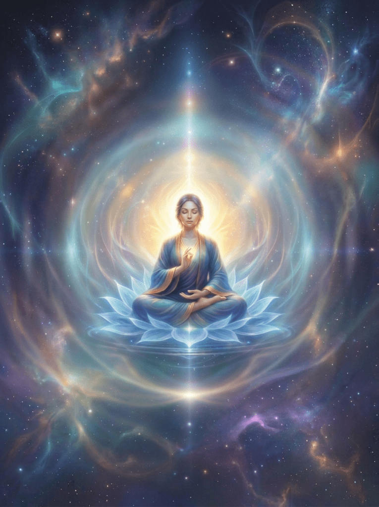 Meditating figure seated on a glowing lotus amid cosmic rings and stars
