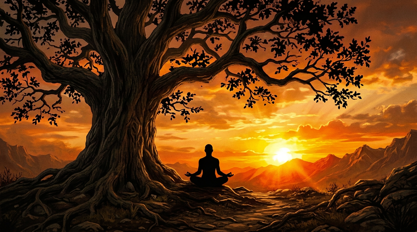 Silhouette meditating beneath a large tree at sunset over mountains