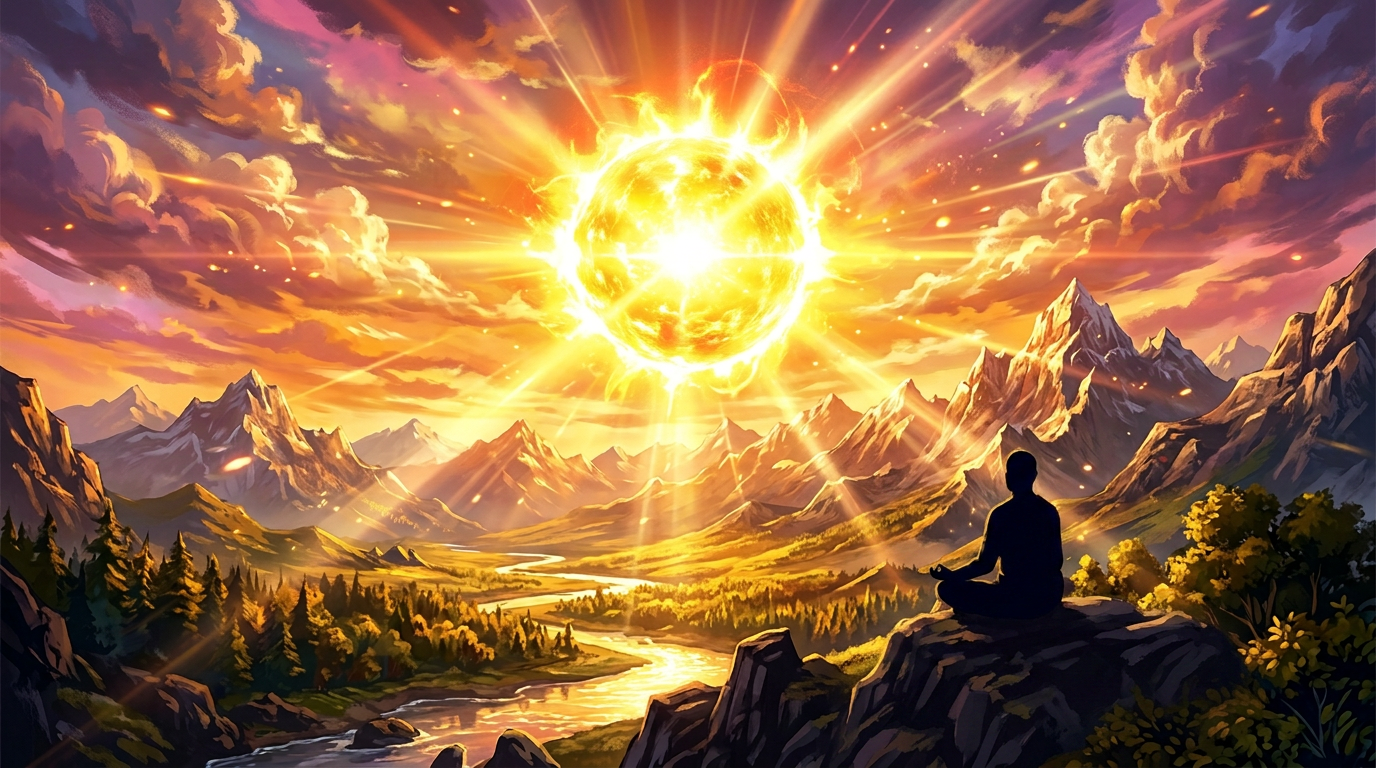 Glowing celestial sphere above a mountain valley with a winding river