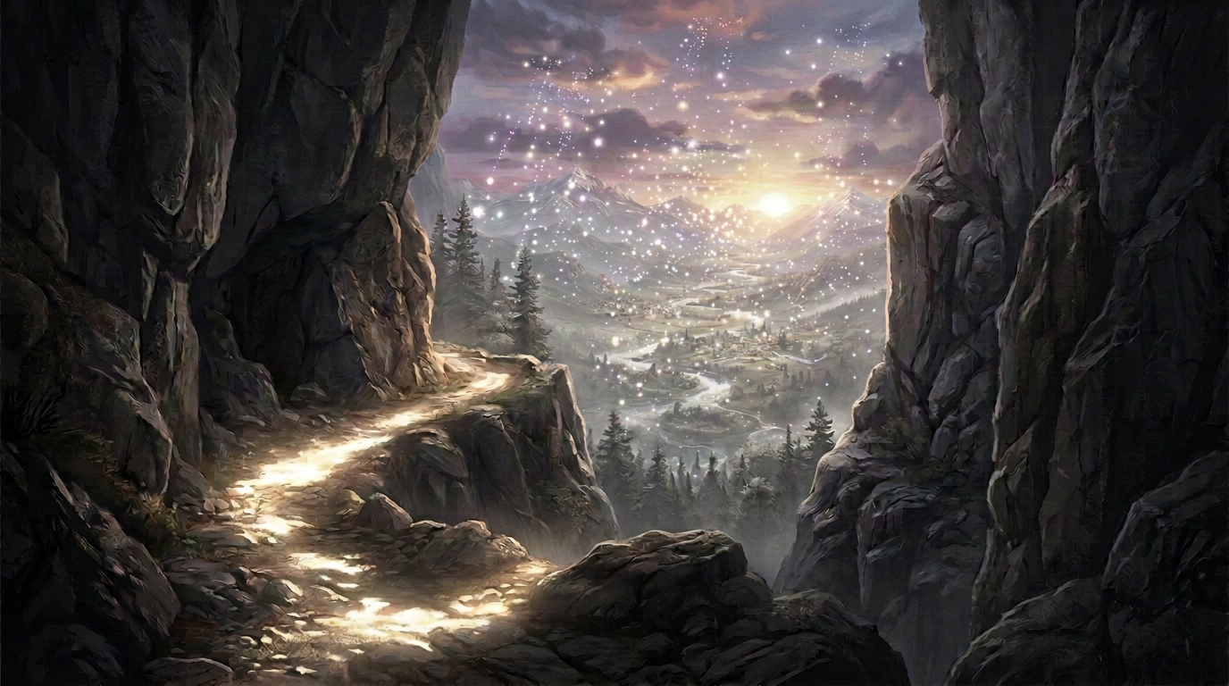 Rocky mountain pass overlooking a river valley, village, and snow-capped peaks