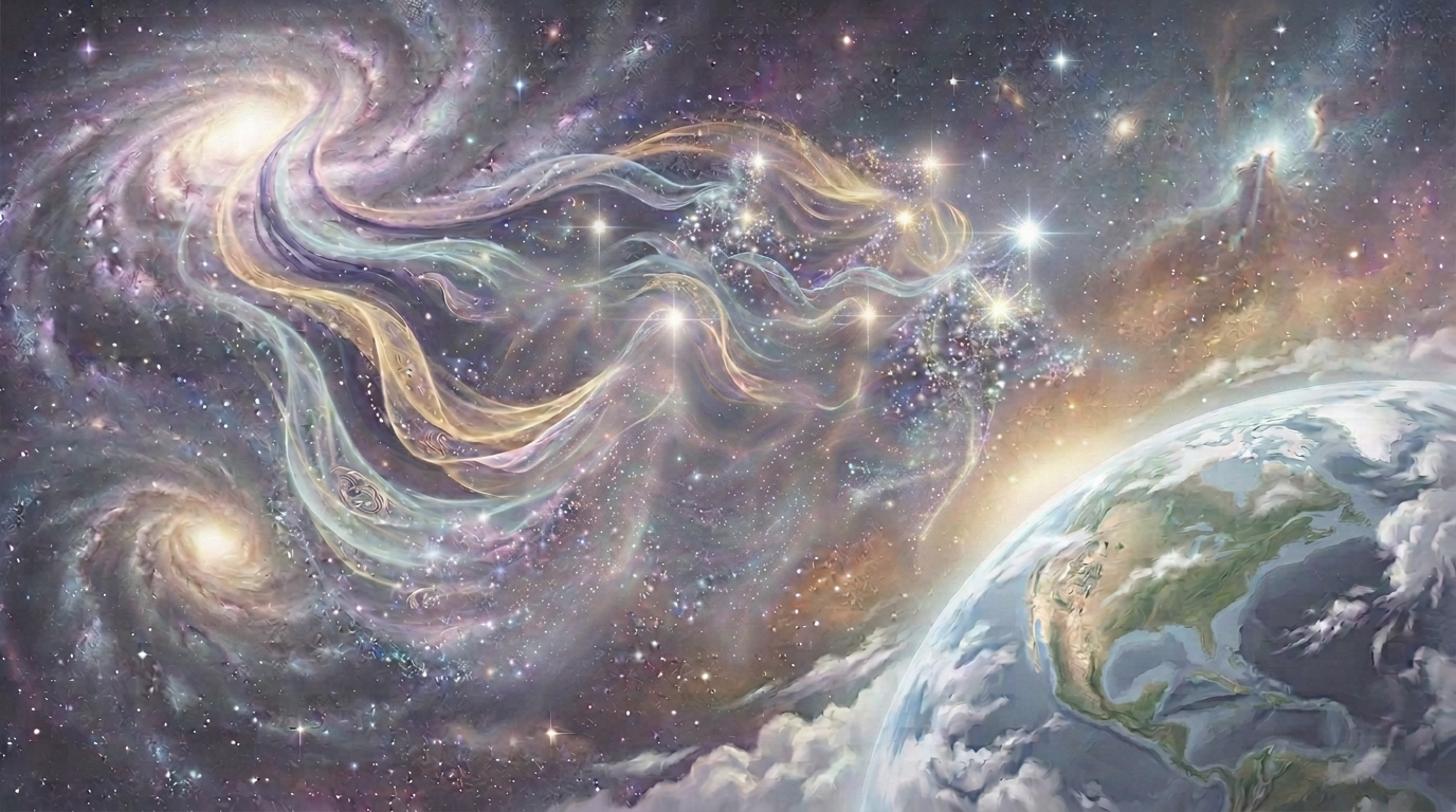 Six robed figures float through space above Earth