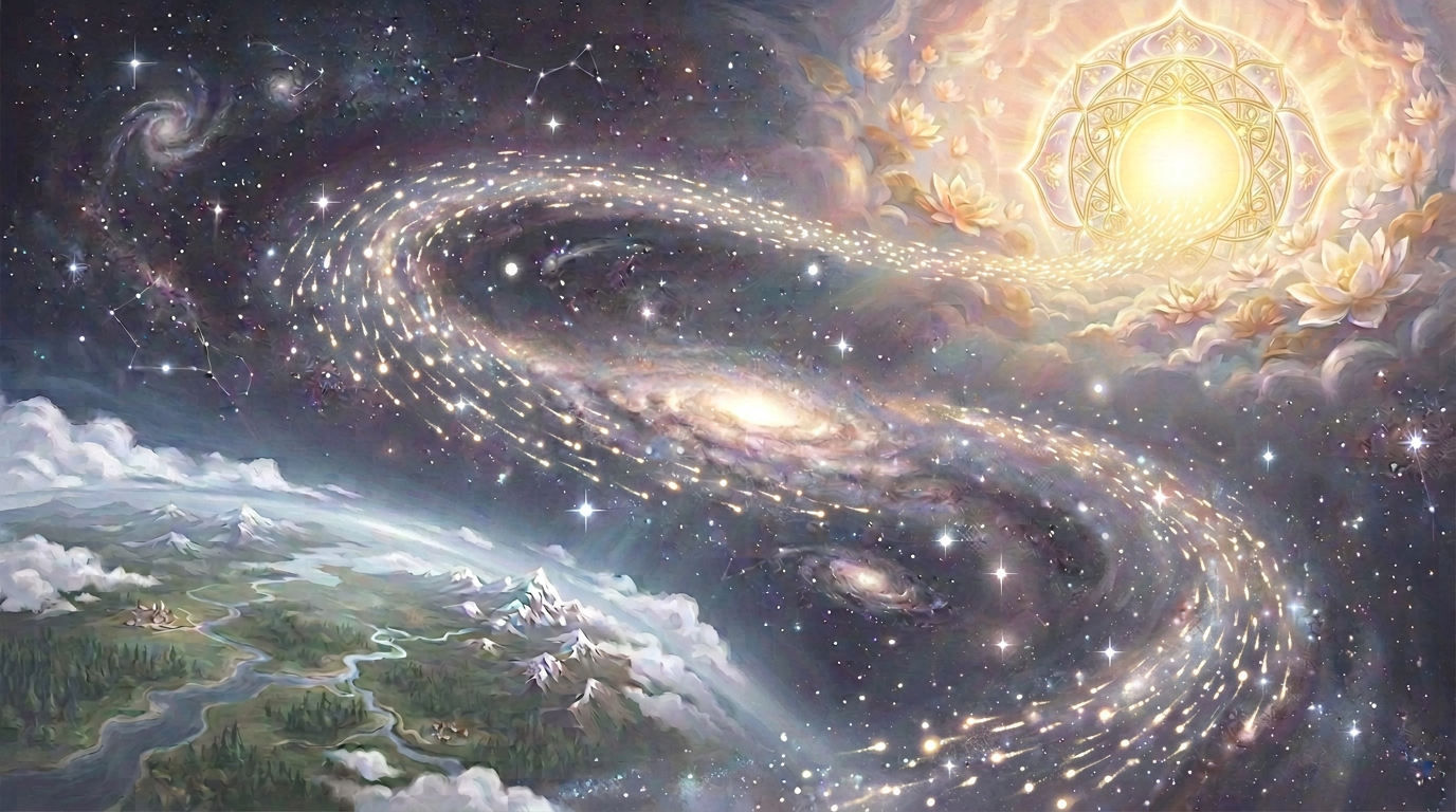 Luminous spirits ascending from mountains through a starry galaxy toward a golden temple