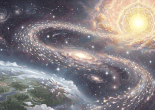 Luminous spirits ascending from mountains through a starry galaxy toward a golden temple