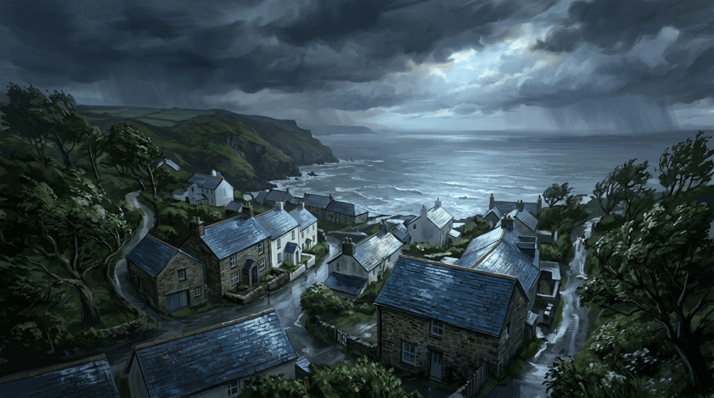 Rainy coastal village with stone cottages overlooking a stormy sea