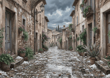 Rainy cobblestone street lined with flower-filled stone houses
