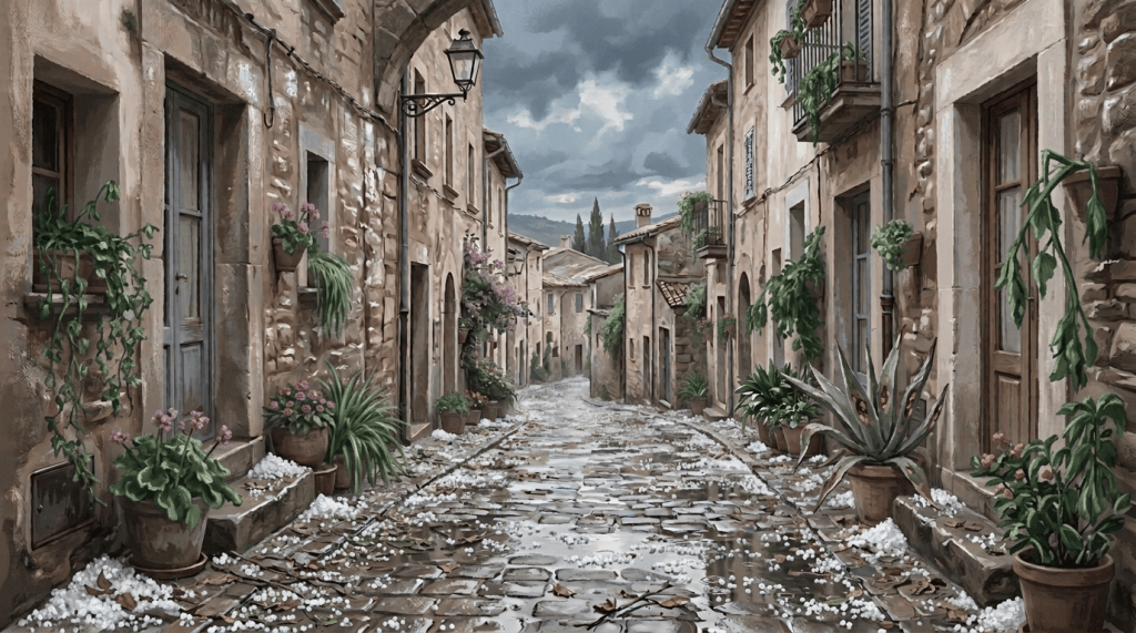 Rainy cobblestone street lined with flower-filled stone houses