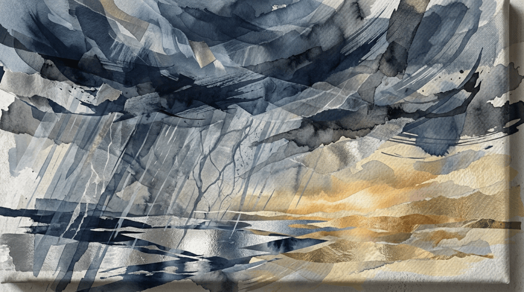 Abstract watercolor landscape with storm clouds, water, and golden sunset