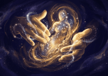 Hands shaping a luminous symbolic figure from clay and starlight