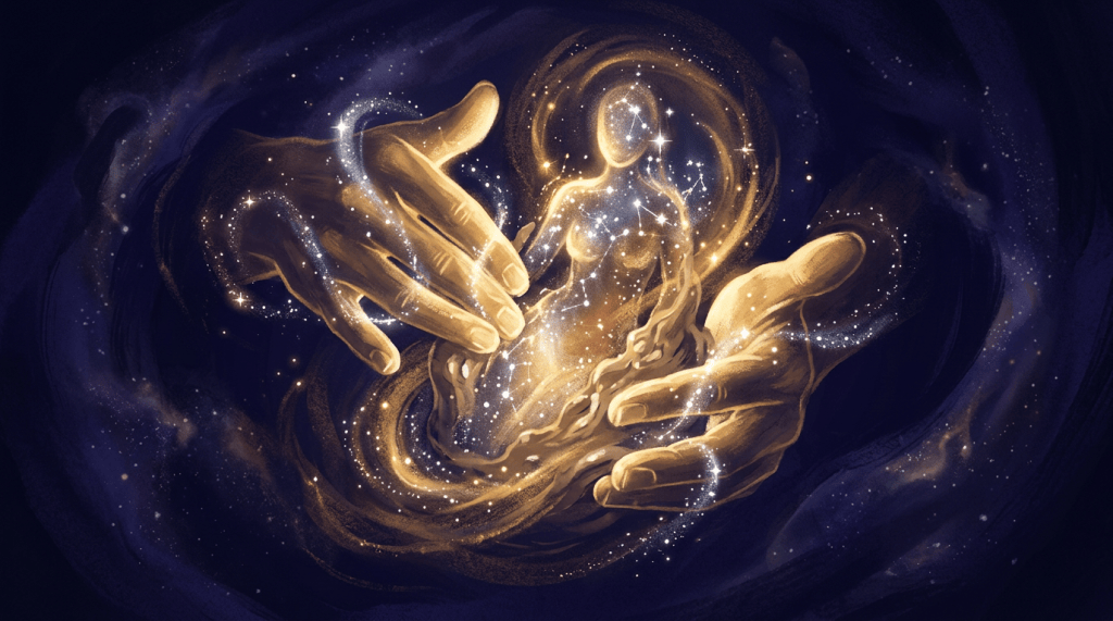 Hands shaping a luminous symbolic figure from clay and starlight