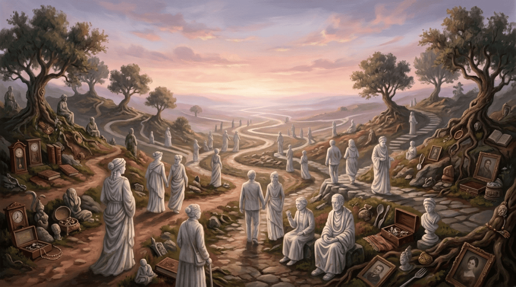 People walking winding paths through a symbolic landscape of memories